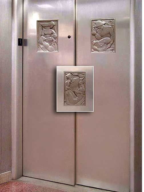 Sculpted frieze art on elevator doors